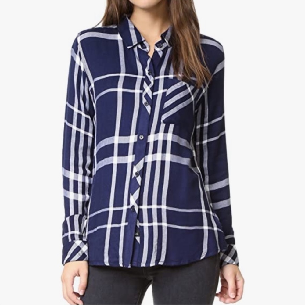 Rails Hunter Cadet Blue White Plaid Rayon Button Front Shirt size Small